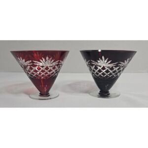 Ruby Red Cut to Clear Crystal Bohemian Stemless Cocktail/Dessert Glass Vintage